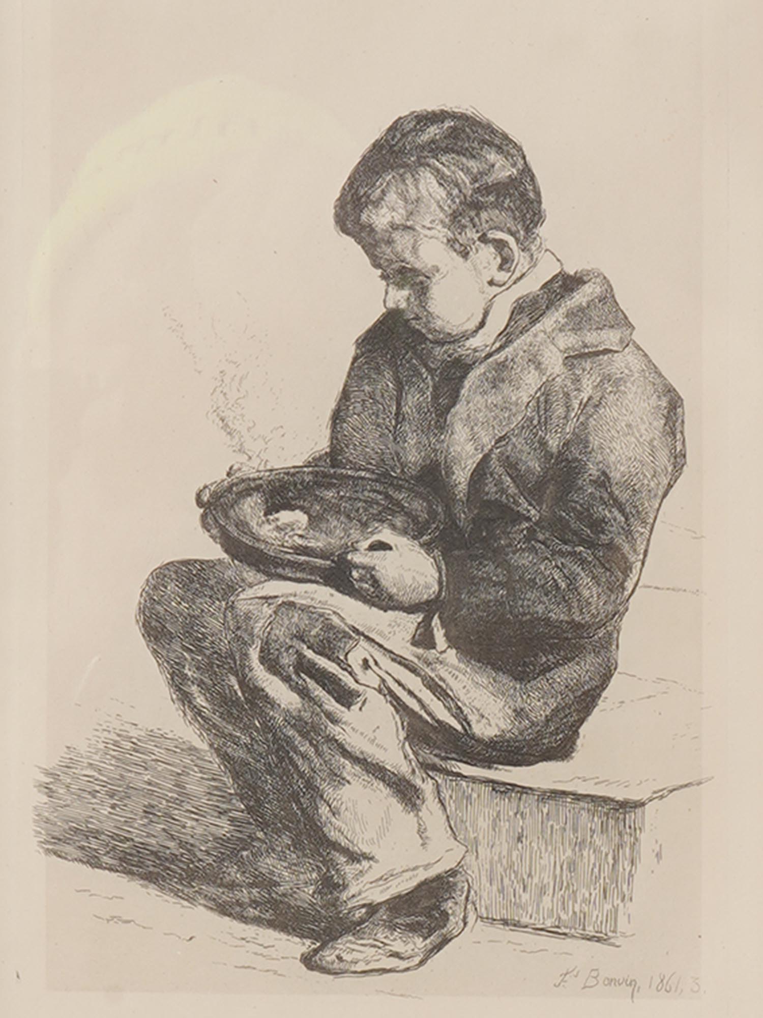 VINTAGE ETCHING BOY WITH A PLATE BY BONVIN PIC-1